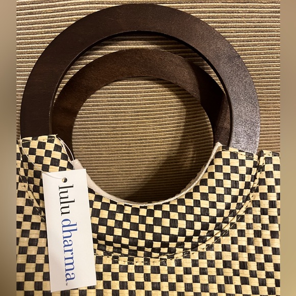 NWT Lulu Dharma Black/Natural Checkered Basket Woven Raffia Tote - Picture 2 of 11